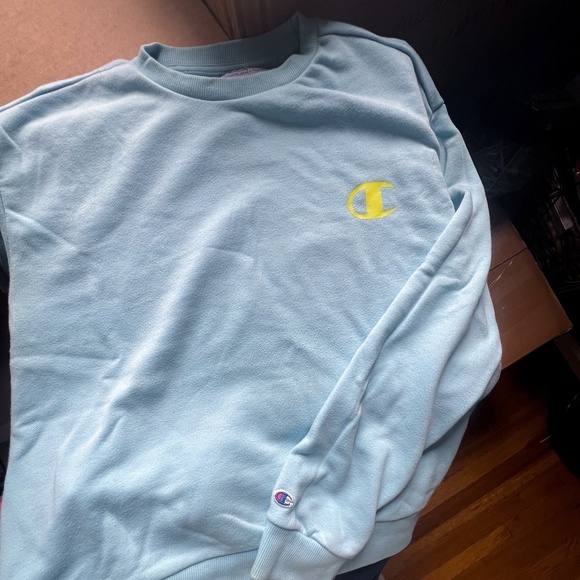 Champion Powder Blue with Neon Green Logo Sweatshirt - Picture 1 of 6